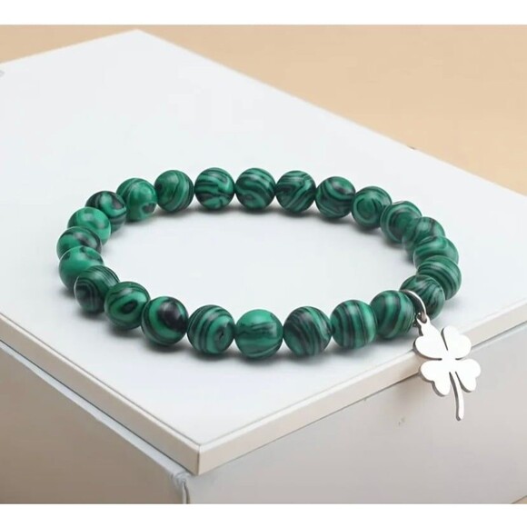 Natural Peacock Stone Bead Bracelet with Lucky Four-Leaf Clover - Picture 2 of 5